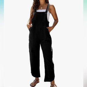 Mundoven Baggy Medium Linen Overalls for Women Dual Pockets Adjustable Straps